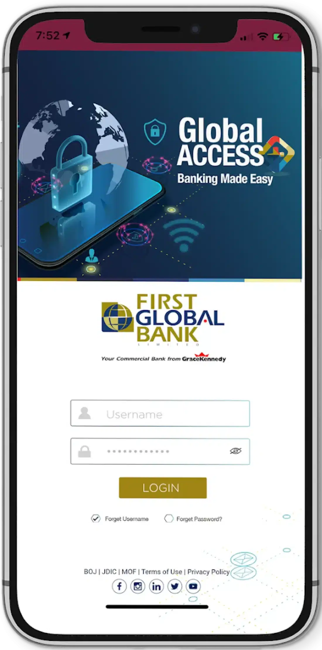 First Global bank mobile app on a mobile phone